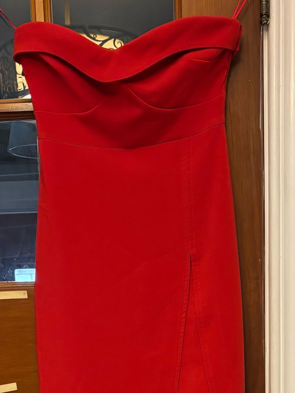 Likely Red Strapless dress with Front Slit